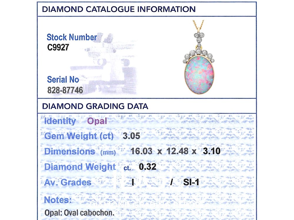An Edwardian 9ct yellow gold pendant featuring an oval cabochon opal surmounted by millegrain-set diamonds. View XIII