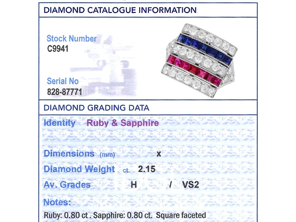 An antique platinum ring displaying horizontal rows of round diamonds alternating with channel-set rectangular blue sapphires and red rubies. View X