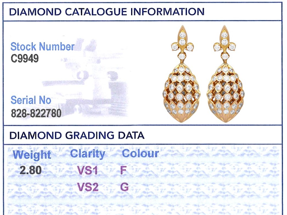 A pair of 18ct yellow gold drop earrings featuring fleur-de-lis surmounts above openwork teardrop cages set with round diamonds. View XI