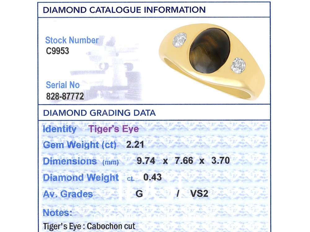 An 18ct yellow gold ring set with a central oval cabochon tigers eye stone flanked by two flush-set diamonds. View VIII