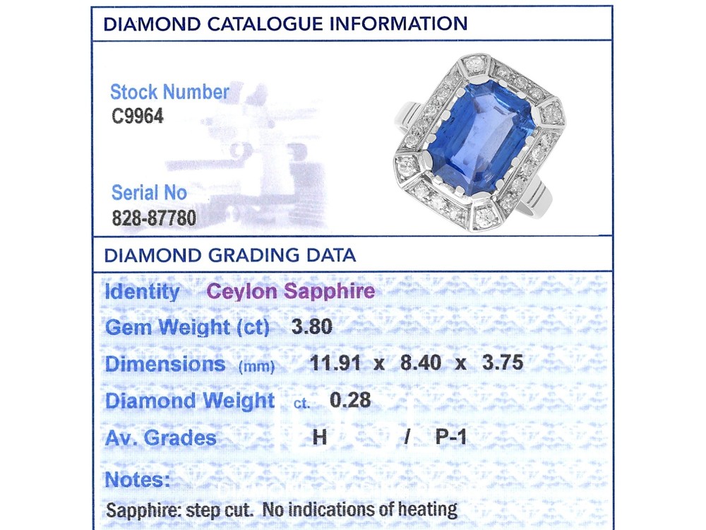 An Art Deco 18ct white gold ring featuring a central octagonal step-cut blue Ceylon sapphire surrounded by a geometric diamond halo with milgrain details. View XII