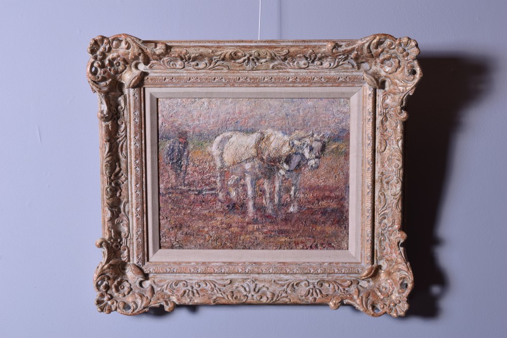An impasto impressionist oil painting depicting a farmer ploughing a field with two white horses, set within an ornate gilded frame. View II