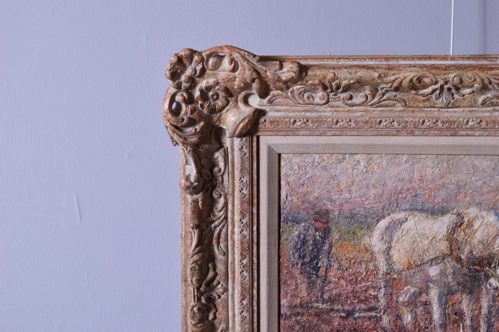 An impasto impressionist oil painting depicting a farmer ploughing a field with two white horses, set within an ornate gilded frame. View III