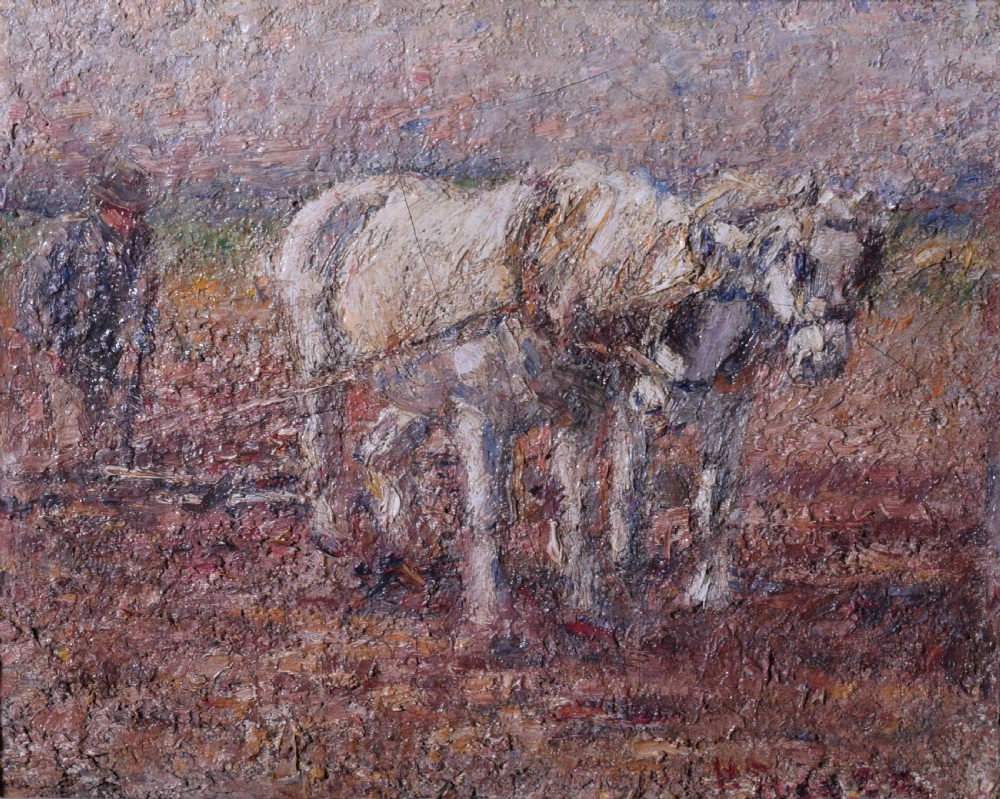 An impasto impressionist oil painting depicting a farmer ploughing a field with two white horses, set within an ornate gilded frame. View IV