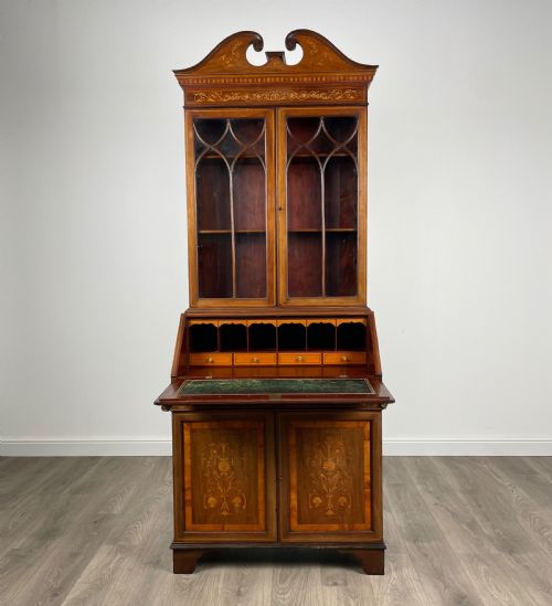 ANTIQUE 19TH CENTURY INLAID BUREAU BOOKCASE IN MAHOGANY - ADDITIONAL PHOTO 1