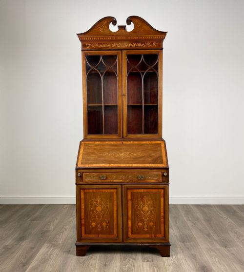 ANTIQUE 19TH CENTURY INLAID BUREAU BOOKCASE IN MAHOGANY - ADDITIONAL PHOTO 5