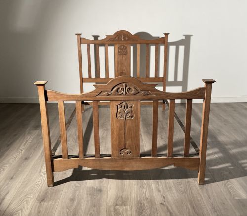 ANTIQUE 19TH CENTURY ART NOUVEAU STYLE DOUBLE BED IN OAK - ADDITIONAL PHOTO 8