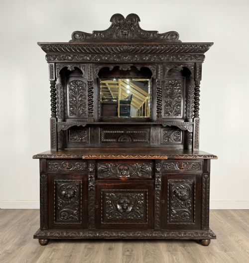 antique 19th century heavily carved mirror back sideboard in oak - CATEGORY: ANTIQUE SIDEBOARDS - DATED 19TH CENTURY