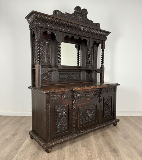 ANTIQUE 19TH CENTURY HEAVILY CARVED MIRROR BACK SIDEBOARD IN OAK - ADDITIONAL PHOTO 7