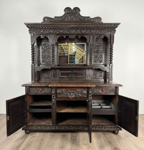 ANTIQUE 19TH CENTURY HEAVILY CARVED MIRROR BACK SIDEBOARD IN OAK - ADDITIONAL PHOTO 8