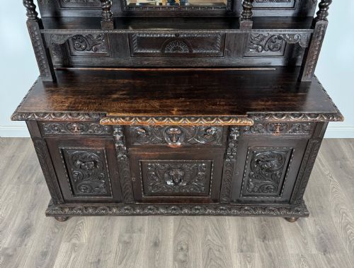 ANTIQUE 19TH CENTURY HEAVILY CARVED MIRROR BACK SIDEBOARD IN OAK - ADDITIONAL PHOTO 10