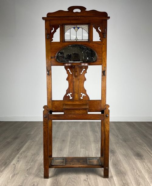 antique 20th century art nouveau style hall stand in oak - CATEGORY: ANTIQUE FURNITURE - DATED EDWARDIAN