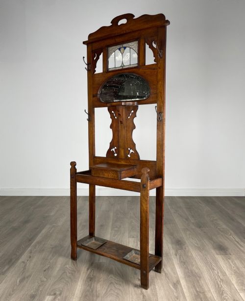 ANTIQUE 20TH CENTURY ART NOUVEAU STYLE HALL STAND IN OAK - ADDITIONAL PHOTO 1