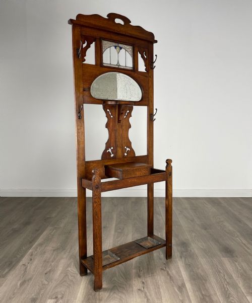 ANTIQUE 20TH CENTURY ART NOUVEAU STYLE HALL STAND IN OAK - ADDITIONAL PHOTO 5