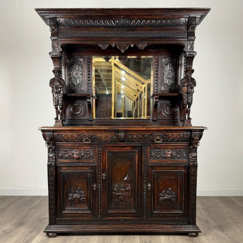 antique 19th century heavily carved oak mirror back sideboard - CATEGORY: ANTIQUE CABINETS - DATED VICTORIAN
