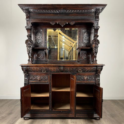 ANTIQUE 19TH CENTURY HEAVILY CARVED OAK MIRROR BACK SIDEBOARD - ADDITIONAL PHOTO 1