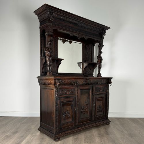 ANTIQUE 19TH CENTURY HEAVILY CARVED OAK MIRROR BACK SIDEBOARD - ADDITIONAL PHOTO 8