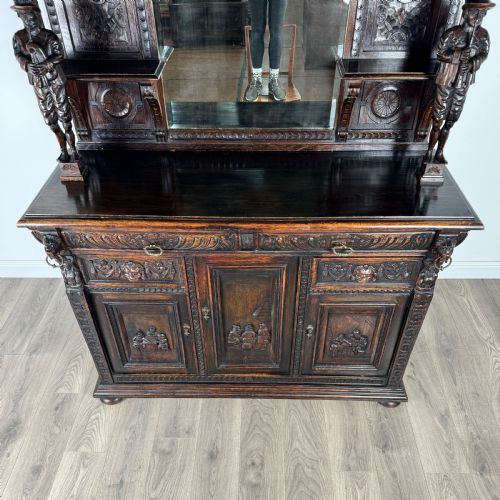 ANTIQUE 19TH CENTURY HEAVILY CARVED OAK MIRROR BACK SIDEBOARD - ADDITIONAL PHOTO 9