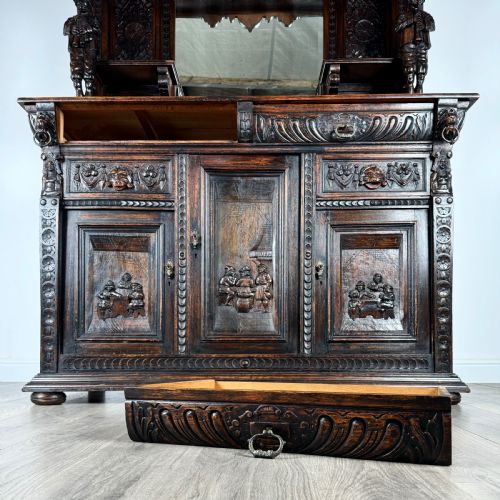 ANTIQUE 19TH CENTURY HEAVILY CARVED OAK MIRROR BACK SIDEBOARD - ADDITIONAL PHOTO 10