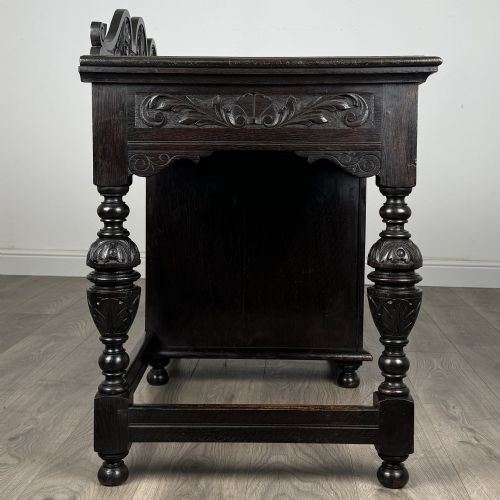 ANTIQUE 19TH CENTURY HEAVILY CARVED OAK SINGLE PEDESTAL DESK - ADDITIONAL PHOTO 2