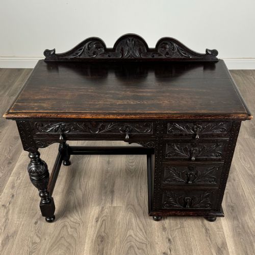 ANTIQUE 19TH CENTURY HEAVILY CARVED OAK SINGLE PEDESTAL DESK - ADDITIONAL PHOTO 8