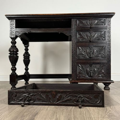 ANTIQUE 19TH CENTURY HEAVILY CARVED OAK SINGLE PEDESTAL DESK - ADDITIONAL PHOTO 9