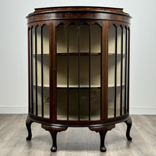 antique 20th century bow fronted display cabinet in walnut - CATEGORY: ANTIQUE CABINETS - DATED EDWARDIAN
