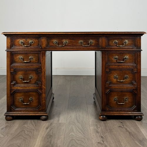 antique late 19th century jacobean style pedestal desk in oak - CATEGORY: ANTIQUE DESKS - DATED VICTORIAN
