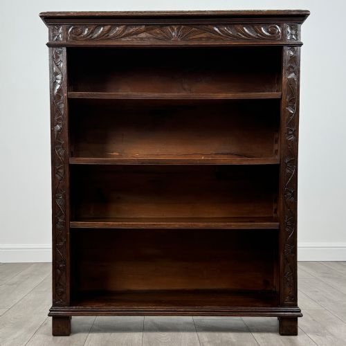antique 19th century heavily carved open bookcase in oak - CATEGORY: ANTIQUE BOOKCASES - DATED VICTORIAN