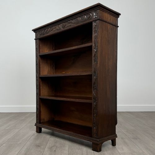 ANTIQUE 19TH CENTURY HEAVILY CARVED OPEN BOOKCASE IN OAK - ADDITIONAL PHOTO 1