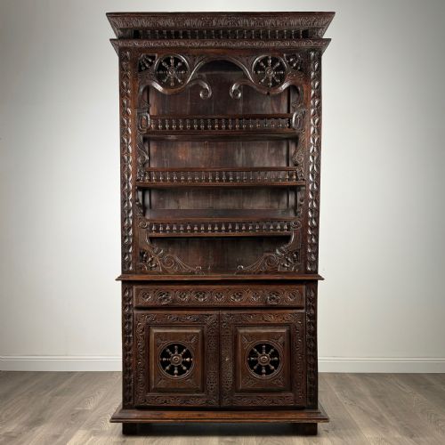 Antique 19th Century Heavily Carved French Breton Cabinet in Chestnut
