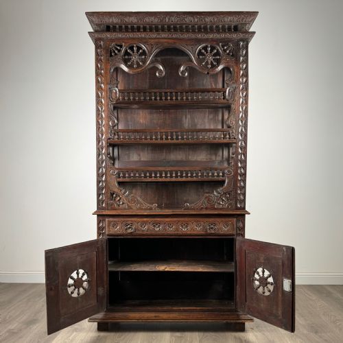 fig 1. Antique 19th Century Heavily Carved French Breton Cabinet In Chestnut 