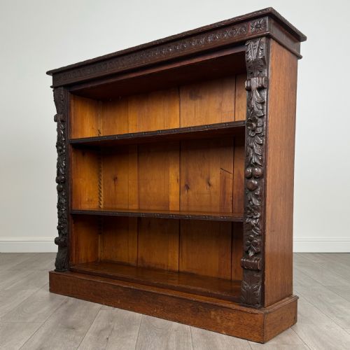 ANTIQUE 19TH CENTURY FINE QUALITY CARVED OPEN BOOKCASE IN OAK - ADDITIONAL PHOTO 1