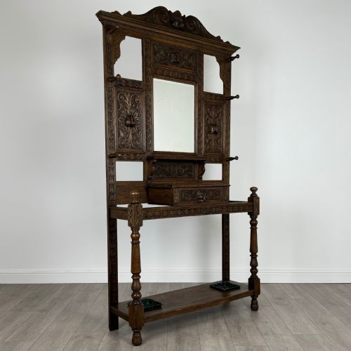 ANTIQUE 19TH CENTURY FINE QUALITY CARVED OAK HALL STAND - ADDITIONAL PHOTO 7