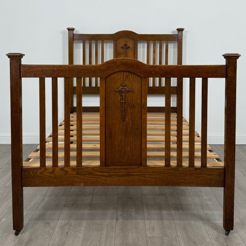 ANTIQUE 20TH CENTURY ART NOUVEAU STYLE DOUBLE BED IN OAK - ADDITIONAL PHOTO 2