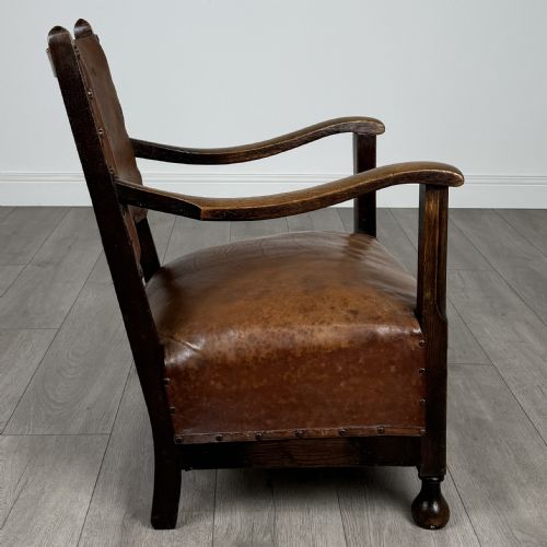 ANTIQUE 20TH CENTURY UNIQUE LEATHER ARMCHAIR IN OAK - ADDITIONAL PHOTO 5