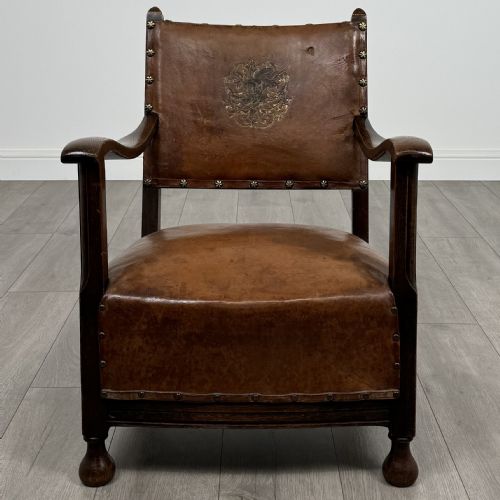 ANTIQUE 20TH CENTURY UNIQUE LEATHER ARMCHAIR IN OAK - ADDITIONAL PHOTO 7