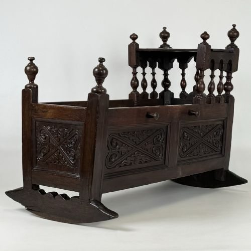 ANTIQUE 19TH CENTURY RARE CARVED OAK CRADLE - ADDITIONAL PHOTO 2