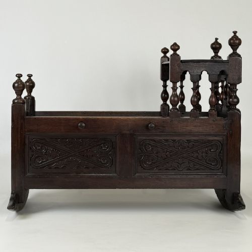 ANTIQUE 19TH CENTURY RARE CARVED OAK CRADLE - ADDITIONAL PHOTO 3