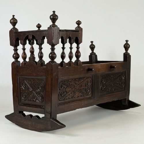 ANTIQUE 19TH CENTURY RARE CARVED OAK CRADLE - ADDITIONAL PHOTO 6