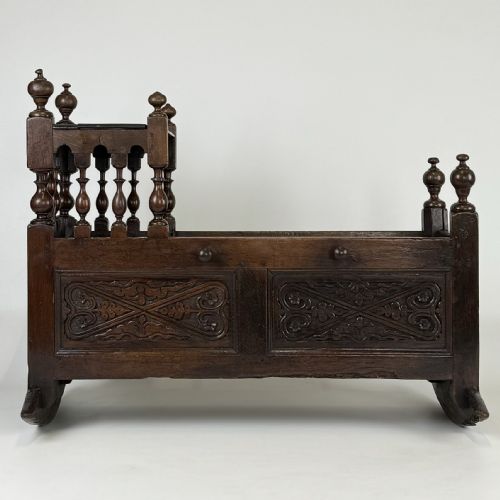 ANTIQUE 19TH CENTURY RARE CARVED OAK CRADLE - ADDITIONAL PHOTO 7