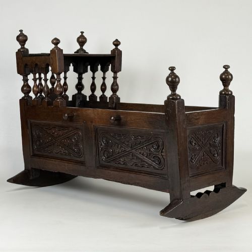ANTIQUE 19TH CENTURY RARE CARVED OAK CRADLE - ADDITIONAL PHOTO 8