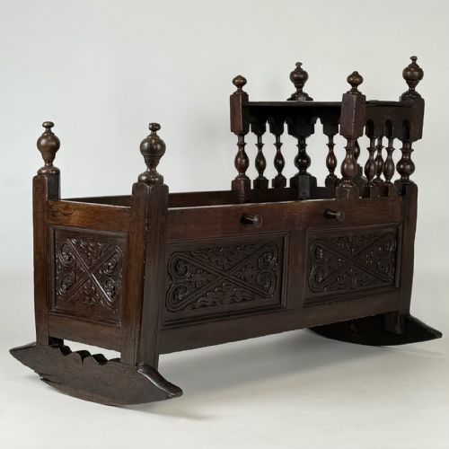 ANTIQUE 19TH CENTURY RARE CARVED OAK CRADLE - ADDITIONAL PHOTO 10