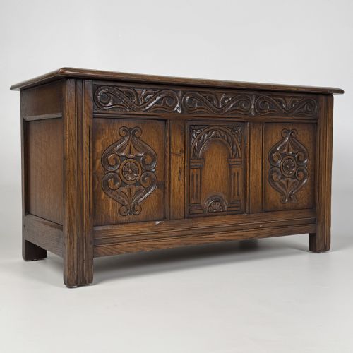 ANTIQUE 20TH CENTURY GOOD QUALITY CARVED OAK BLANKET BOX - ADDITIONAL PHOTO 7