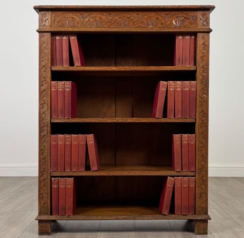 antique 19th century carved oak open bookcase - CATEGORY: ANTIQUE BOOKCASES - DATED VICTORIAN