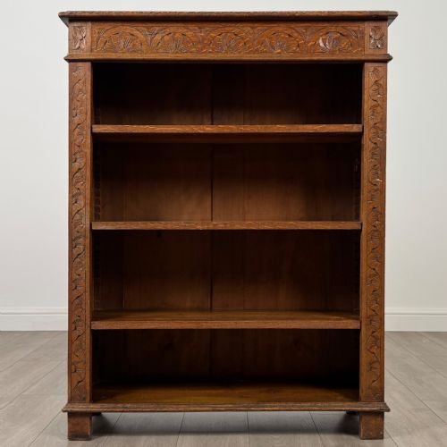 ANTIQUE 19TH CENTURY CARVED OAK OPEN BOOKCASE - ADDITIONAL PHOTO 1