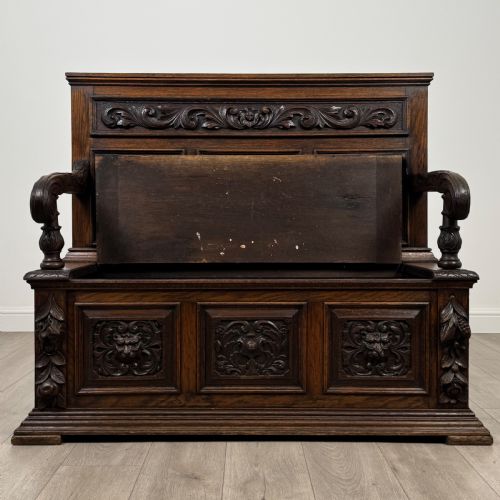 ANTIQUE 19TH CENTURY FINE QUALITY CARVED OAK SETTLE - ADDITIONAL PHOTO 1