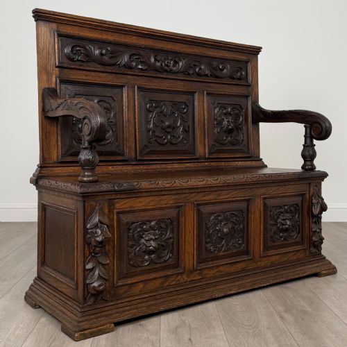ANTIQUE 19TH CENTURY FINE QUALITY CARVED OAK SETTLE - ADDITIONAL PHOTO 8