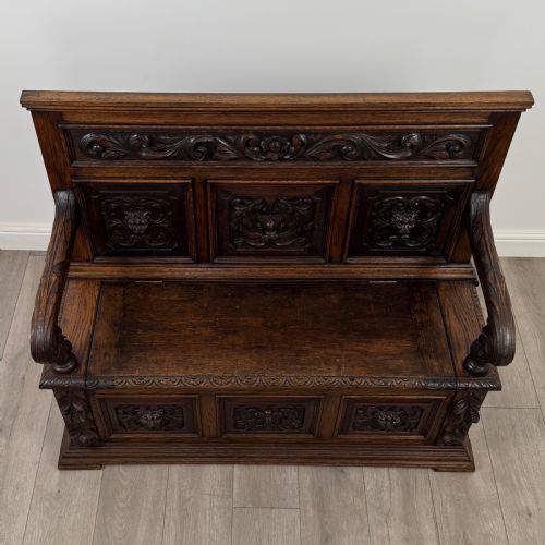 ANTIQUE 19TH CENTURY FINE QUALITY CARVED OAK SETTLE - ADDITIONAL PHOTO 9