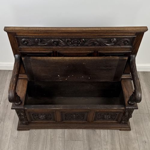 ANTIQUE 19TH CENTURY FINE QUALITY CARVED OAK SETTLE - ADDITIONAL PHOTO 10